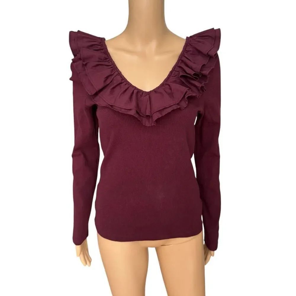 Anthropologie Dolan Left Coast Collection Ruffled V-Neck Top blouse ribbed M